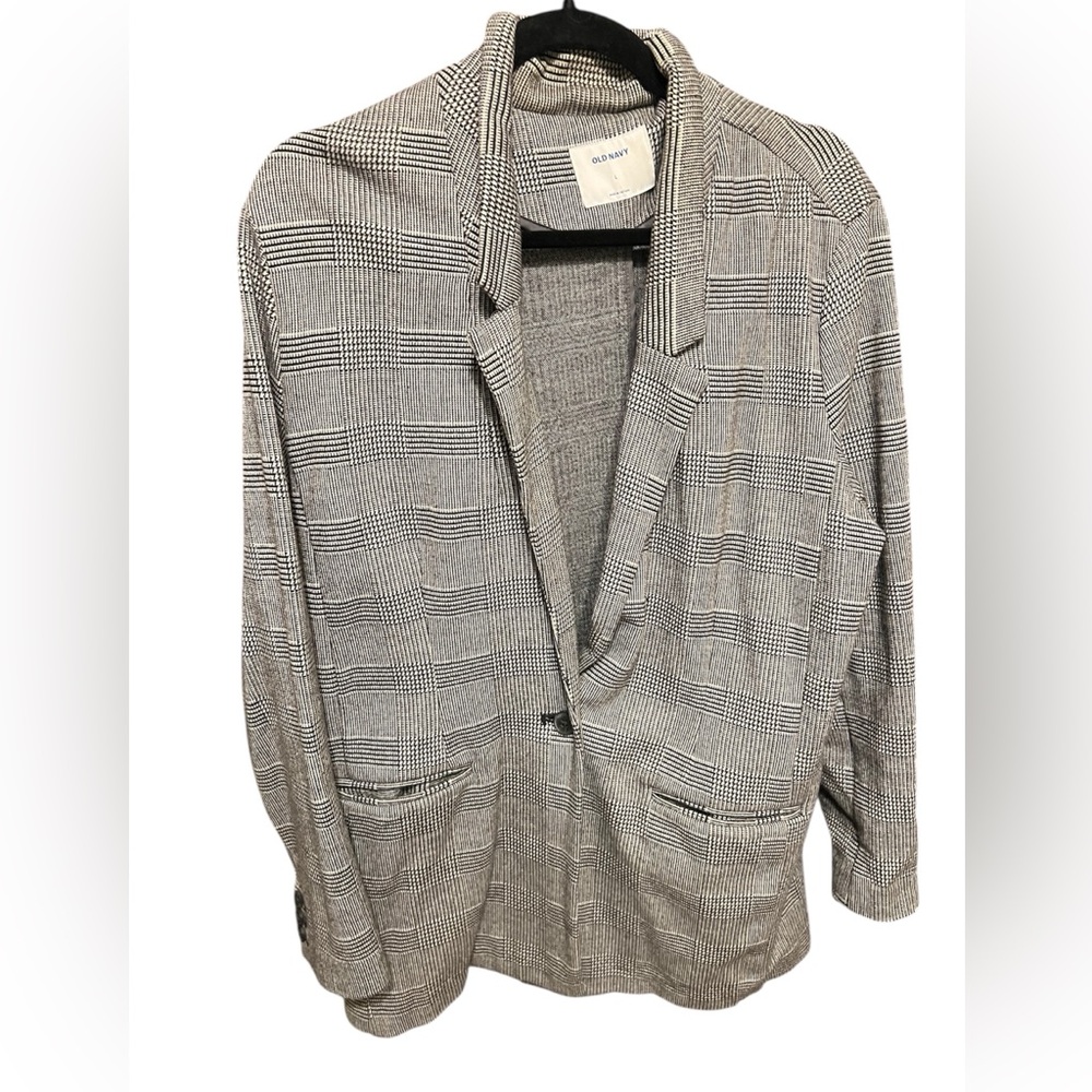 Old navy knit gray and white Women's stretch cotton blend Plaid Blazer